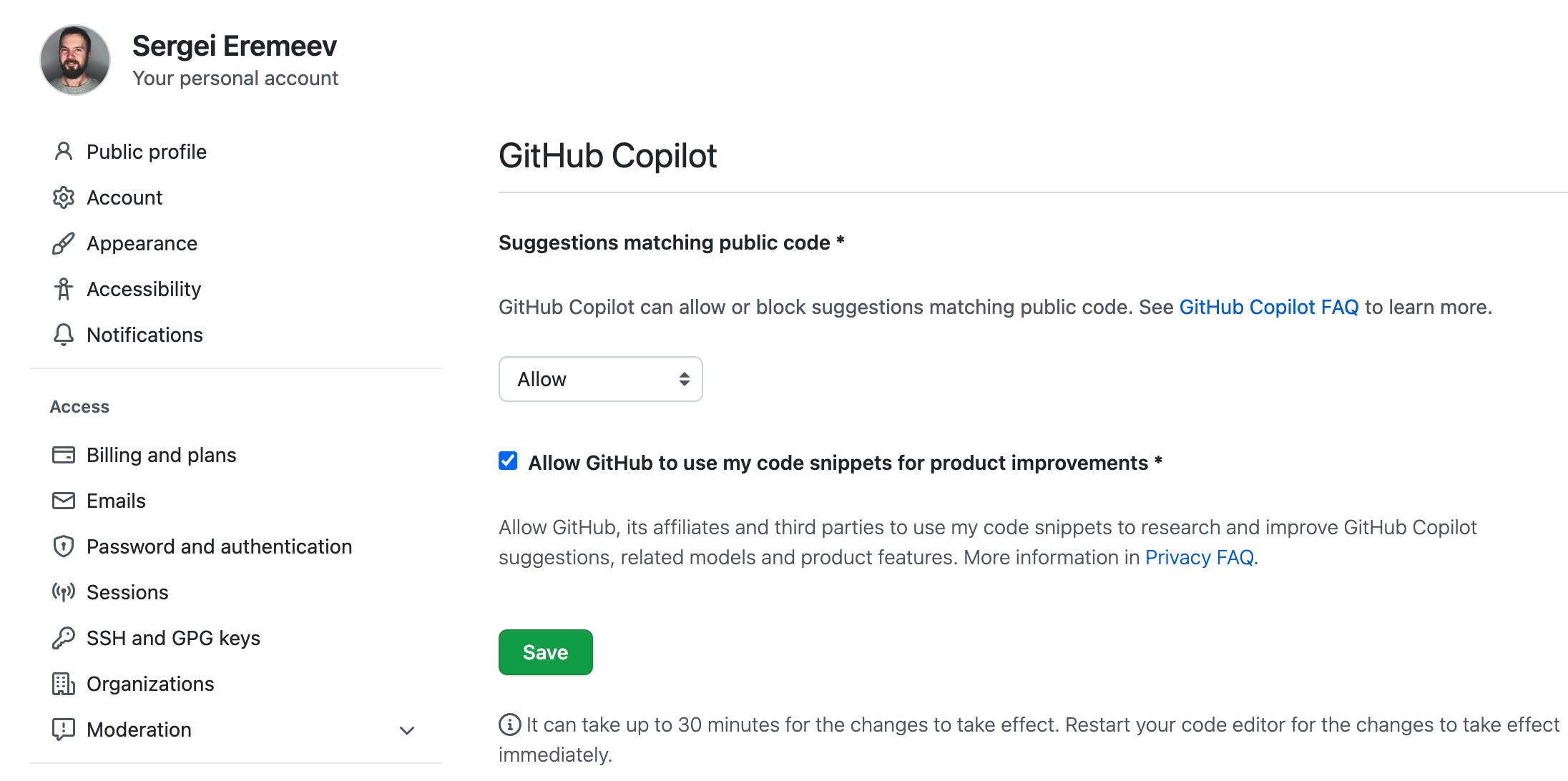 Disallow GitHub to use my code snippets for product improvements